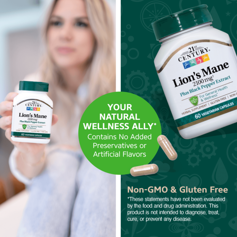 کپسول گیاهی قارچ تقویت سیستم ایمنی بدن 21Century Lion's Mane 2100mg Plus Black Pepper Extract قرن 21 (60 عددی) - تصویر 12